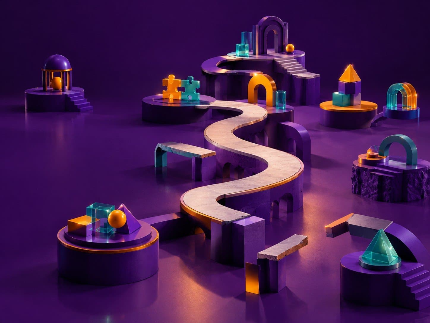 A virtual world with a winding path connecting several playful learning spaces.
